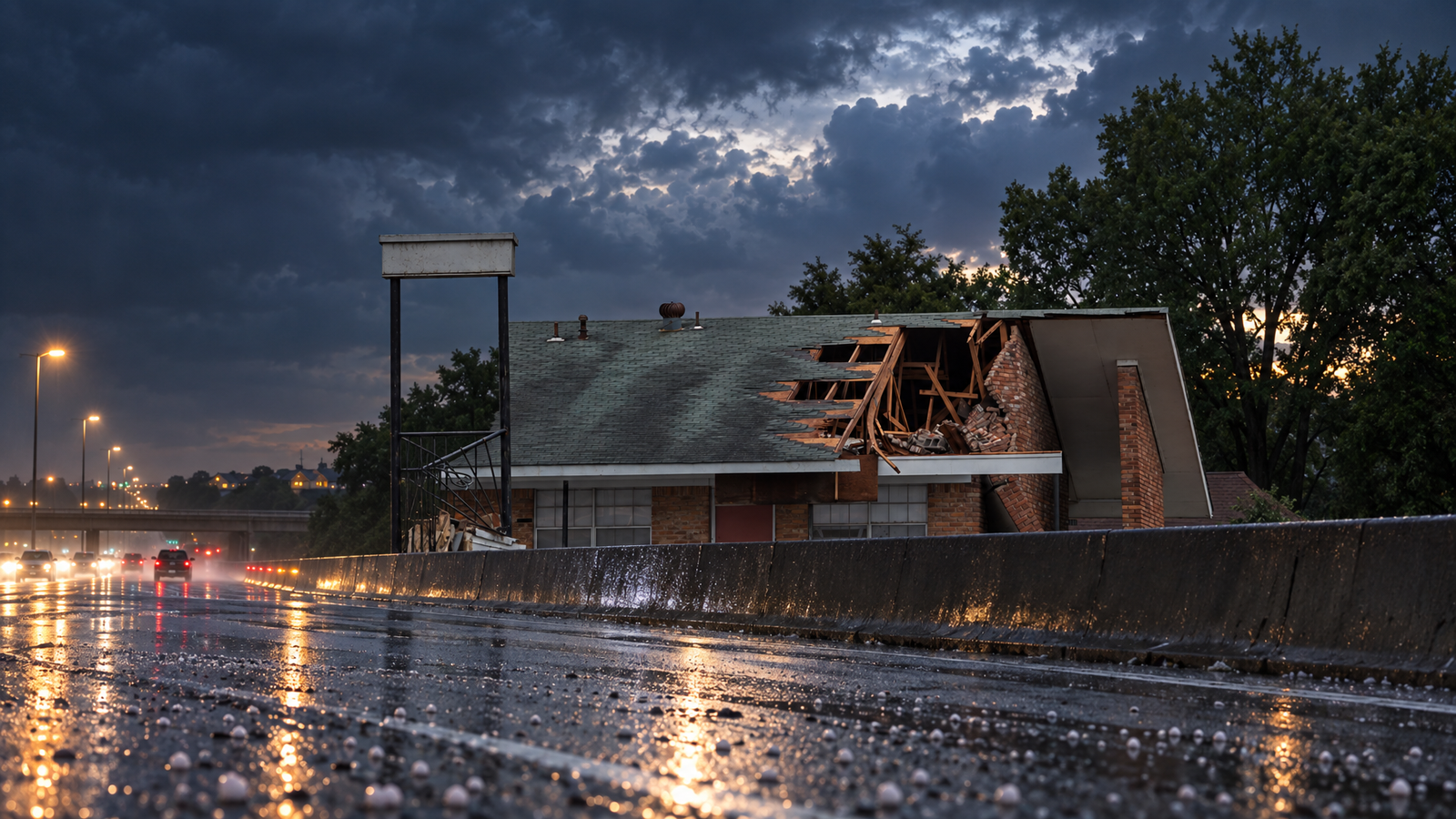 Nighttime storm conditions along a Texas interstate corridor near San Antonio after severe weather